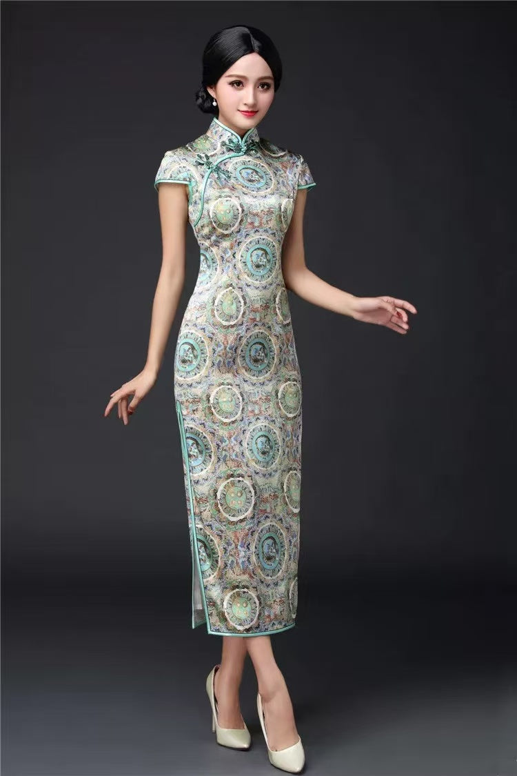 100% SILK Chinese Traditional Dress Long Cheongsam Long Sleeve  Qipao