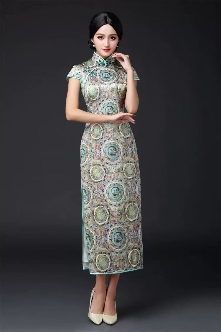 100% SILK Chinese Traditional Dress Long Cheongsam Long Sleeve  Qipao